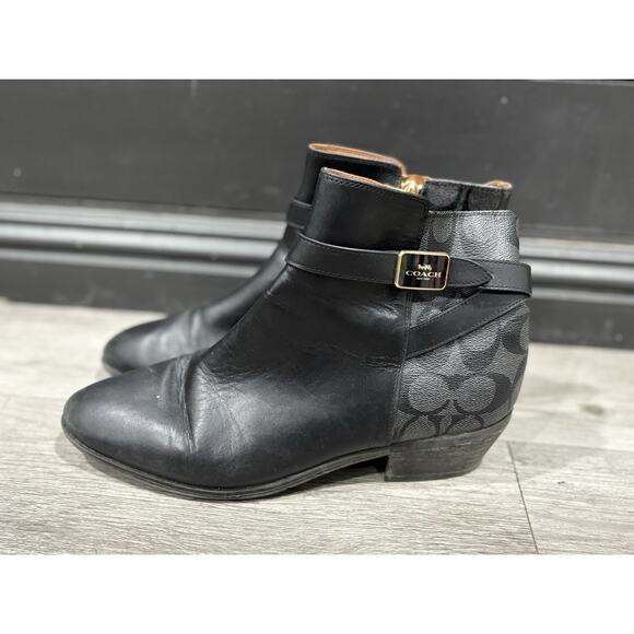 COACH Dean Leather Signature Coated Canvas Black Bootie Size 9B - Picture 1 of 7